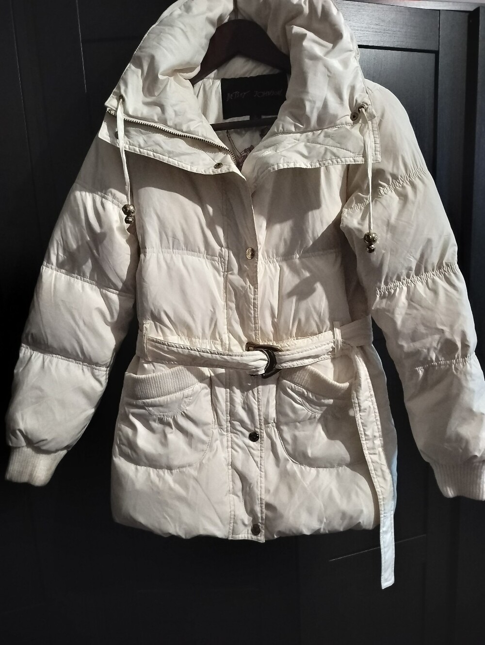 Betsey Johnson White Cream Quilted Belted Puffer Hidden Hood Down Coat - Small